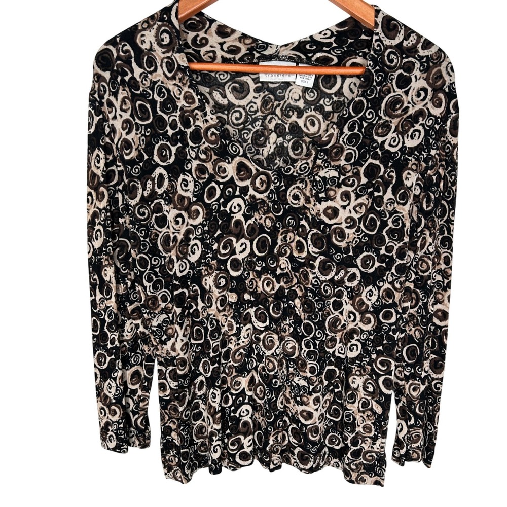 Chico's Travelers Brown Swirl Pattern Long Sleeve Spandex Blouse Size 1 Womens M